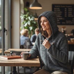 Frau im Cafe mit einem Kaffee in der Hand. Sie trägt eine THC Schafwollstrickjacke 851 mit Baumwollfutter in grau