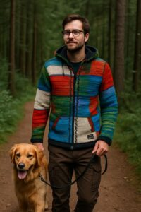 Ein Mann mit Hund im Wald. Er trägt die Strickjacke 803 Quadrate von THC