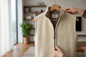 THC Weste 309 mit Karomuster-Innenfutter präsentiert auf einem Holz-Kleiderbügel in hellem, modernem Ambiente – Fokus auf die hochwertige Strickstruktur